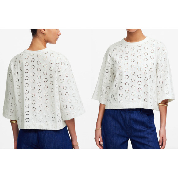Madewell | NWT Embroidered Wide-Sleeve Boxy Tee in White | Sz XS - Picture 1 of 9